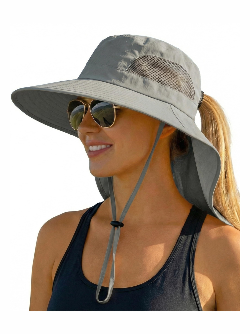 Women Sun Hats UV Protection Wide Brim with Bucket Ponytail | Darkgray | Size OS